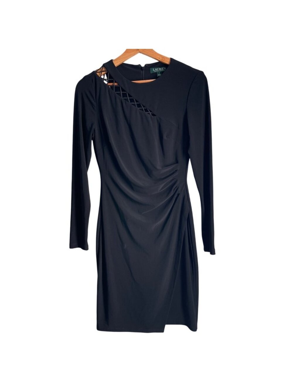 Lauren Ralph Lauren Womens Sheath Dress Size 2 Black Ruched Cutout Old Money